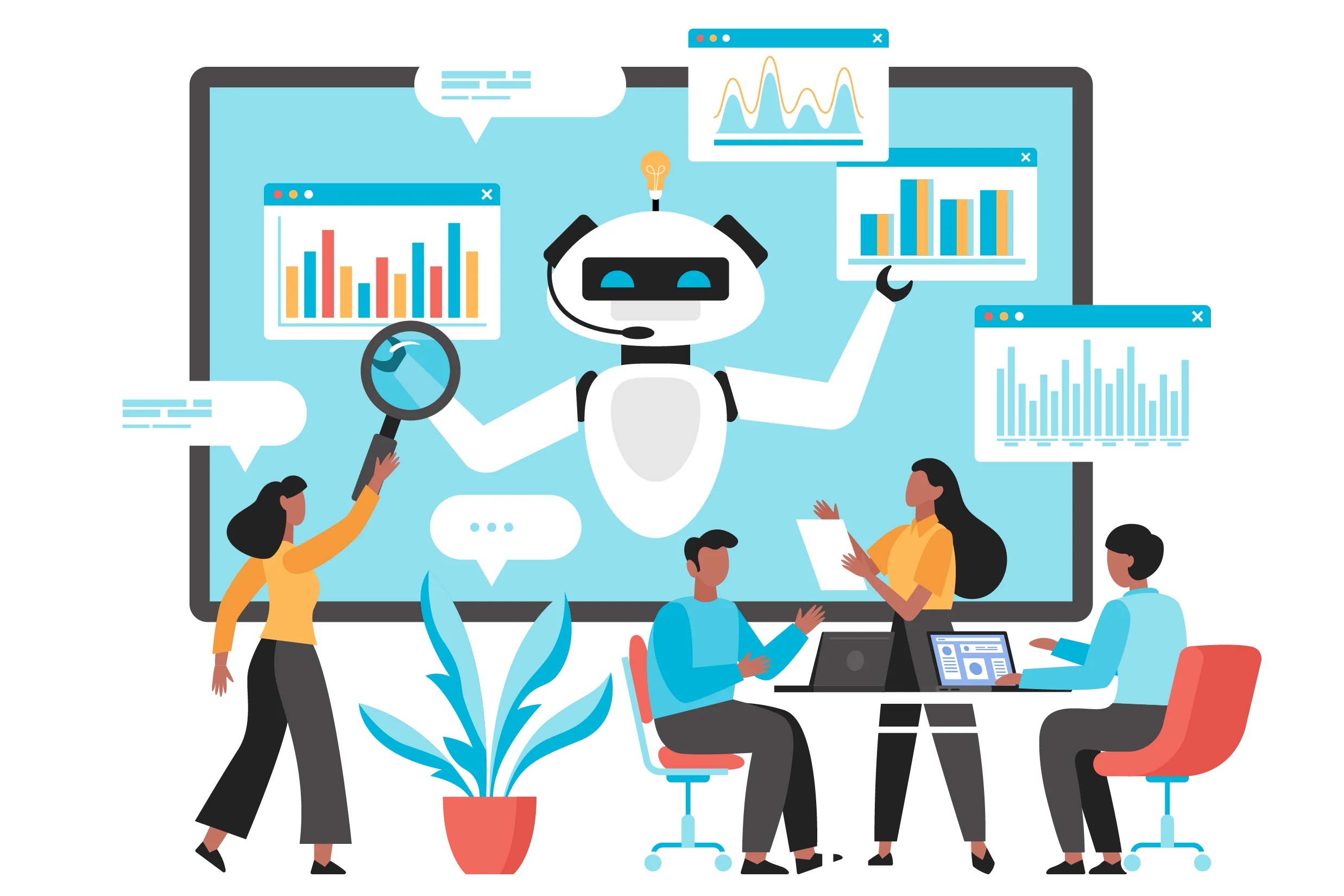 Kompetenz 4 KI Illustration einer Gruppe von Menschen, welche zusammen mit einer KI arbeiten