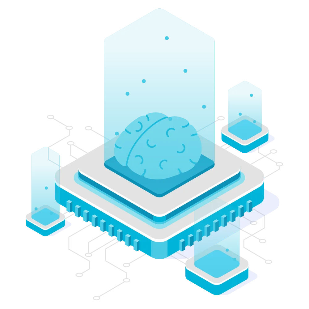 Kompetenz 4 KI Illustration eines Gehirns, welches über ein Netzwerk mit verschiedenen Anschlüssen verbunden ist